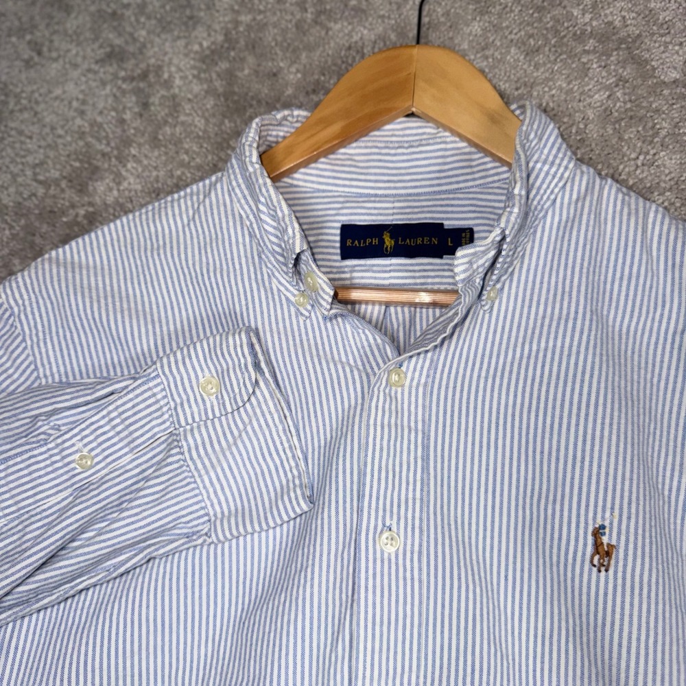 Ralph Lauren Men's Large Blue White Striped Button Down Shirt Flesh Pony